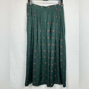 Vintage SKYR Pleated Skirt Forest Green Novelty Print A-line Skirt Pockets Sz 12
